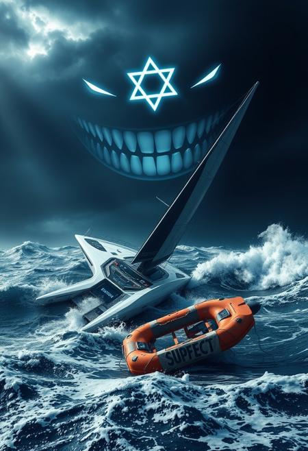 A sleek, high-tech sailboat with a futuristic design is shown sinking into the turbulent waters near the coast of Palermo. The vessel, long and streamlined, features cutting-edge technology with glowing digital displays and advanced sails, now submerged at precarious angles as it battles against the overpowering waves. Above, the sky is dark and menacing, dominated by a colossal, sinister smile with sharp, exaggerated teeth, and a glowing Star of David at its center, casting an ominous glow over the scene. Floating amidst the debris in the water is a lifeboat, partially overturned, with a makeshift sign attached to it that reads "Sionism Effect" in bold, unsettling letters. The lifeboat, acting as a stark reminder of survival and struggle, contrasts with the high-tech sinking ship and the foreboding sky, creating a powerful and symbolic image.