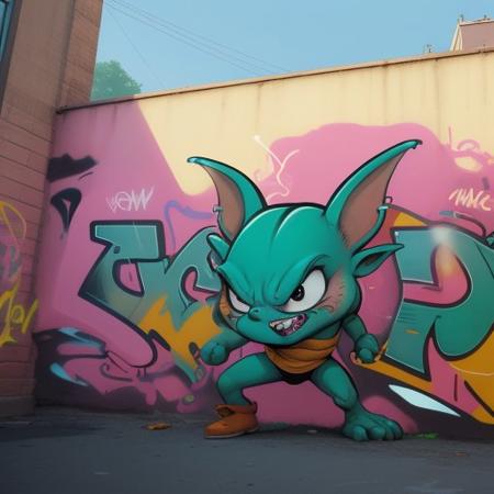 (Masterpiece of painting:1.3), modern streetart, graffitti art, writing, character, on a wall, huge, large, crazy painting, thick outlines, flat style, highlights, fadings, shading, (flat comic style character:1.3), simple color scheme, mascot, goblin, highly detailed, impressive, surprising, meaningful, fullscreen, taggings, frameless,