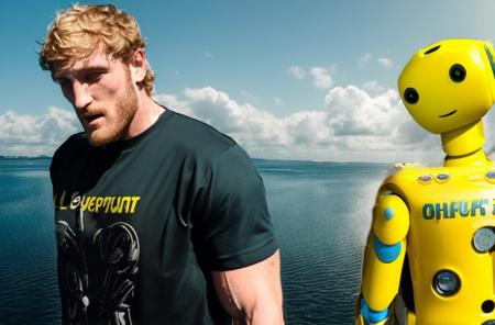 <lora:Logan Paul - Trigger with Loganpaul Person:1> loganpaul person (in love with a mentally challenged robot that has oil that it spurts on loganpaul as a sign of love:1.3), (robot is furious loganpaul loves the oil and oil spurts on loganpaul person shirt:1.2). dusk, serious facial expression, Seattle Aquarium. Raining. Oil on shirt from robot. Robot looks pregnant but is just fat.