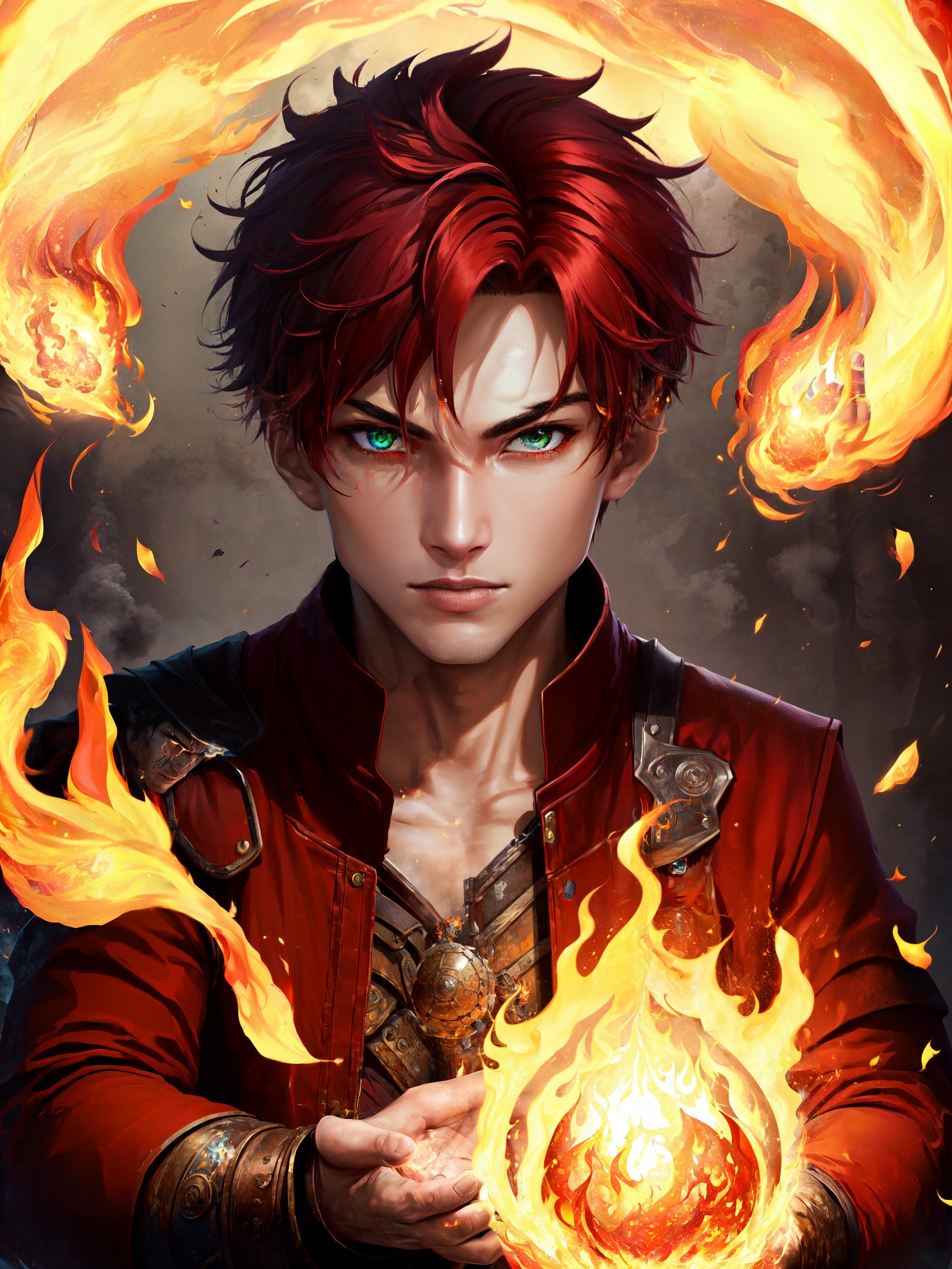 1boy, magic fire, pyrokinesis, holding fireball, <lora:Fire_VFX:0.8>, red hair, red dress, green eyes,