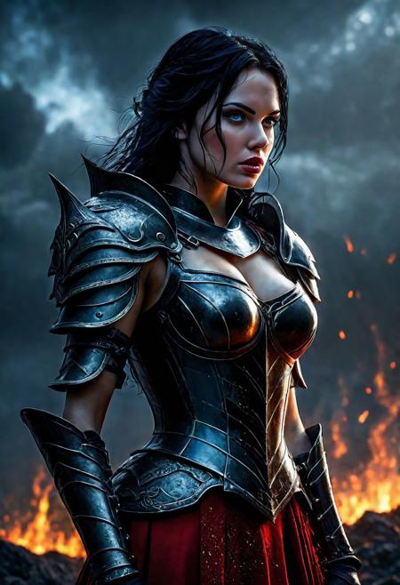 Ultra detailed digital art masterpiece Warrior Snow White girl dressed in a iron Armor and red mini skirt, Standing on a battlefield at the head of an army of knights, where a bloody slaughter is taking place, standing in battle pose, a dark epic fantasy, perfect lighting, beautiful Warrior Snow White girl, attractive woman, elegant, beautiful woman of athletic body,  epic shot of the whole Warrior Snow White girl, unreal engine 5 nanite quality, dark fantasy, dark environment, very stormy day, LOTR style, dark washed out eyeliner, no make up, natural bloody pale face, realistic blue eyes, ultra detailed atmospheric details, beautiful glowing effects, sparkle effects, realistic body proportions, beautiful face proportions, complex masterpiece, wavy raven black hair, creative glowing detailed tattoos, complex physics, enhanced colors, complimentary colors, ultra detailed raytracing reflections, Ultra detailed complex background, environment feels alive, direct eye contact, dramatic lighting, wet and sweaty skin, beautiful firm Breasts, Daylight, Concept art by Greg Rutkowski, adding to the intense and dynamic atmosphere of the scene.