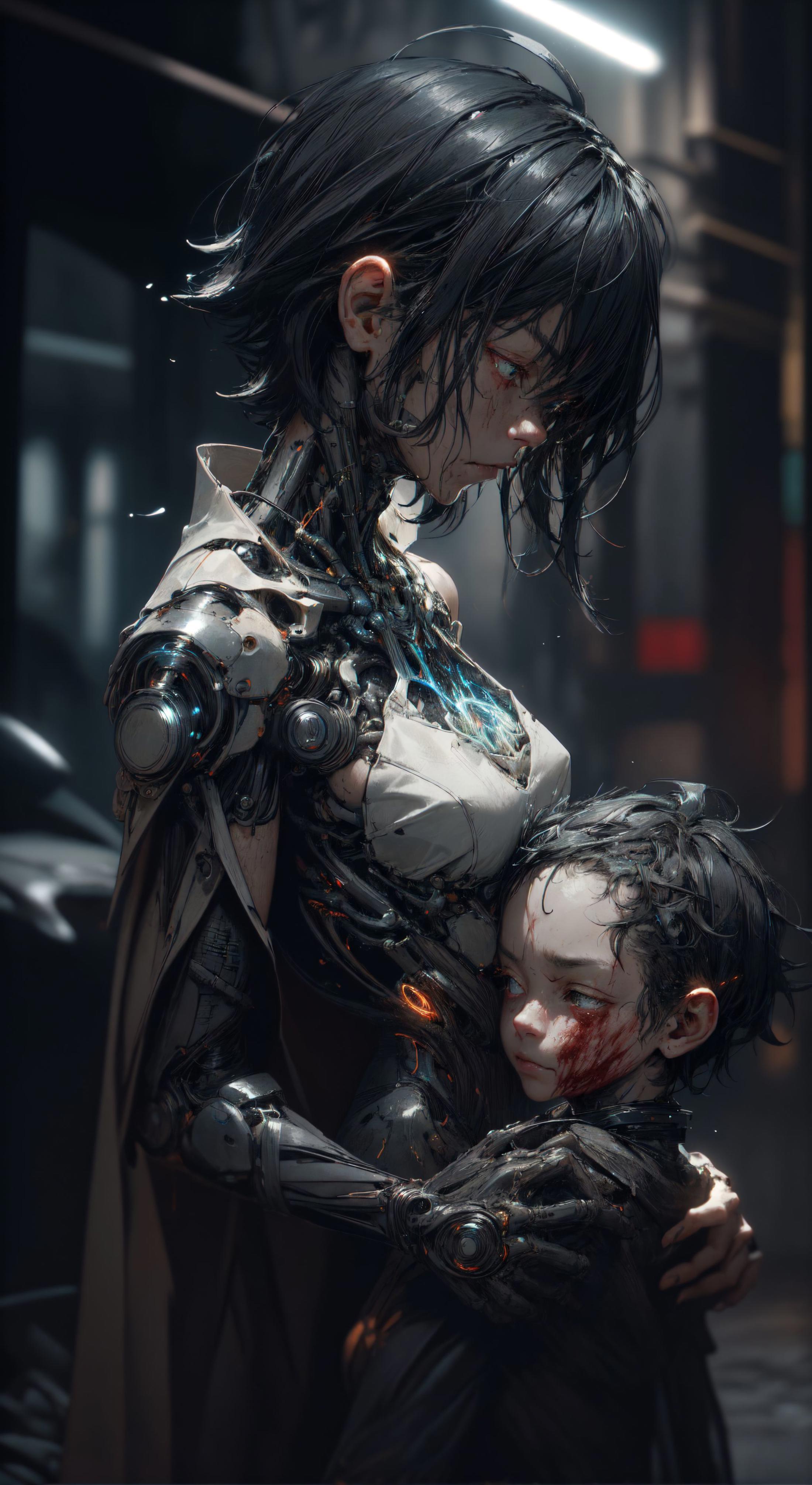 A robot woman holding a child with a bloody face.