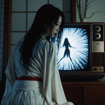 (masterpiece, best quality, ultra-detailed:1.2), (a yurei ghost woman:1.3) with long, (straggly black hair:1.2) obscuring part of her face, (pale, deathly white skin:1.1), (piercing black eyes, filled with malevolence:1.2), (slightly open, blood-red lips:1.1), wearing a (tattered, white burial kimono:1.2), (crawling out of a vintage CRT television screen:1.3), (distorted image on the screen:1.1), (eerie luminescence emanating from the screen, highlighting her figure:1.1), (long, emaciated fingers with black, cracked nails, reaching out:1.1), (hunched posture, emphasizing her curves and slender frame:1.2), (Japanese horror, psychological terror, disturbing details:1.1), (intricate details, highly detailed:1.1), (low-key lighting, dramatic shadows, accentuating her silhouette:1.2), (sensual, chilling, otherworldly:1.1), (wet kimono clinging to her body, revealing her form:1.2), (nighttime scene, dimly lit room:1.1), (haunting, spectral, filled with resentment:1.1), (VHS distortion, static noise on the screen:0.9), (close-up shot, from a low angle, emphasizing her figure and posture:1.3), (focus on the face, hands, and curves:1.1), (wide shot of the room, with the TV and her form as focal points:0.8), (slow, deliberate movement, showcasing her fluidity:1.1), (the atmosphere of "Ringu":1.3), (emphasis on her long limbs and graceful movements:1.1), (a strong visual silhouette, defining her figure:1.2)