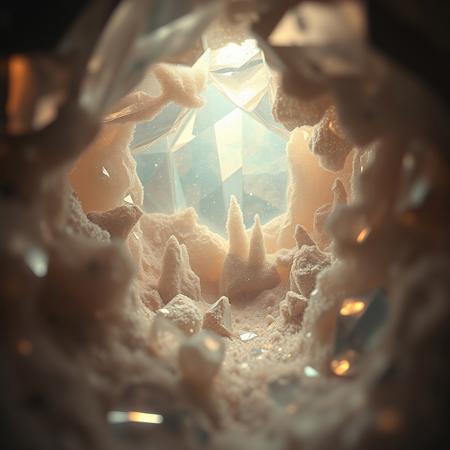 A cinematic extreme macro view plunging into the core of a mystical gemstone, revealing an impossible, surreal landscape within its facets. A miniature, forgotten nebula of soft, swirling stardust glows with an ethereal, dreamy light, illuminating crystalline structures like lost architecture. Mysterious, soft god rays pierce through a gentle haze, creating an atmosphere of profound and silent wonder, as if looking into a captured dream.