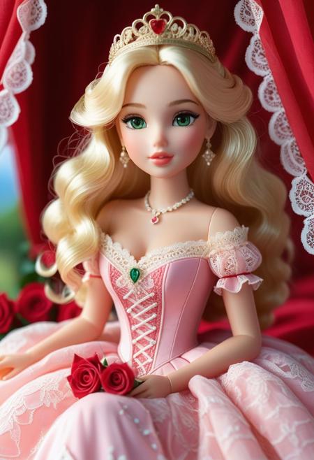 masterpiece, best quality, 8k, Sexy princess, (doll face highly detailed:1.05), green eyes, cute mouth, cute face, shy face, (thick blonde wavy hair until waist:1.10), (light pink lace dress highly detailed), (sitting on a canopy bed with red roses highly detailed:1.10), ancient_theme princess_theme (soft and pastel colors:1.10), cowboy shot