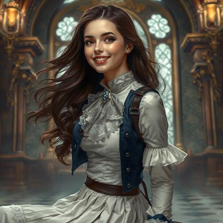 fantasy art, smiling woman , young, smiling, beautiful flowing brunette hair , goddess, seductive, shaft head tilt pose, throwing their head back seductively, looking back at the viewer , sitting, Wearing an elegant gothic-Victorian dress with a structured white skirt and pleated detailing, paired with a deep blue bolero jacket leather strap accents. A lace cravat and gemstone brooch at the collar complete the refined, aristocratic look, slim white body, pale skin, curvy body, athletic body, blush, slim waist, seductive image,serene, untouched beauty, clear, lively, detailed face, upper body accent, rosy lips and makeup , seductive look, realistic, background of a fantasy steampunk palace,sfw, very detailed face