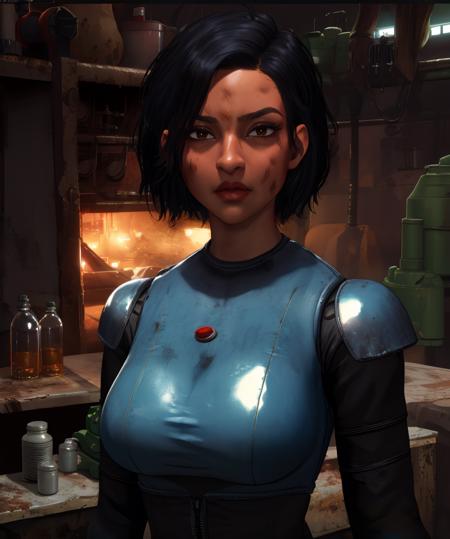 isabel,black hair,very short hair,messy hair,dirty face,
black jumpsuit,chest armor,shiny,
standing,upper body,
robotic laboratory,science fiction,
(insanely detailed, masterpiece, best quality),<lora:MechanistIsabelcruz:0.9>,embarrass,