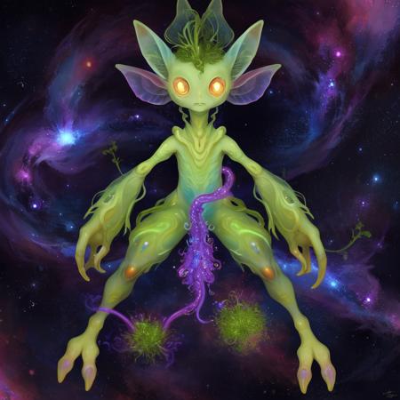 A full body of a weird, bacteria spirit, galactic spirit, looks like a fusion of martian, alfalfa sprouts,