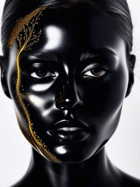 A mesmerizing close-up illustration depicts a woman metamorphosed by enigmatic forces from black liquid oil, showcasing smooth lines and an exquisite interplay of light and shadow. This fantastically bright creation, while seemingly simple, holds intricate layers of meaning. The artwork captivates with its intricate beauty, emphasizing minute elements, and as the light gracefully falls, it crafts an even more captivating image. High-quality detailing and finesse are evident throughout, creating a truly enchanting piece.