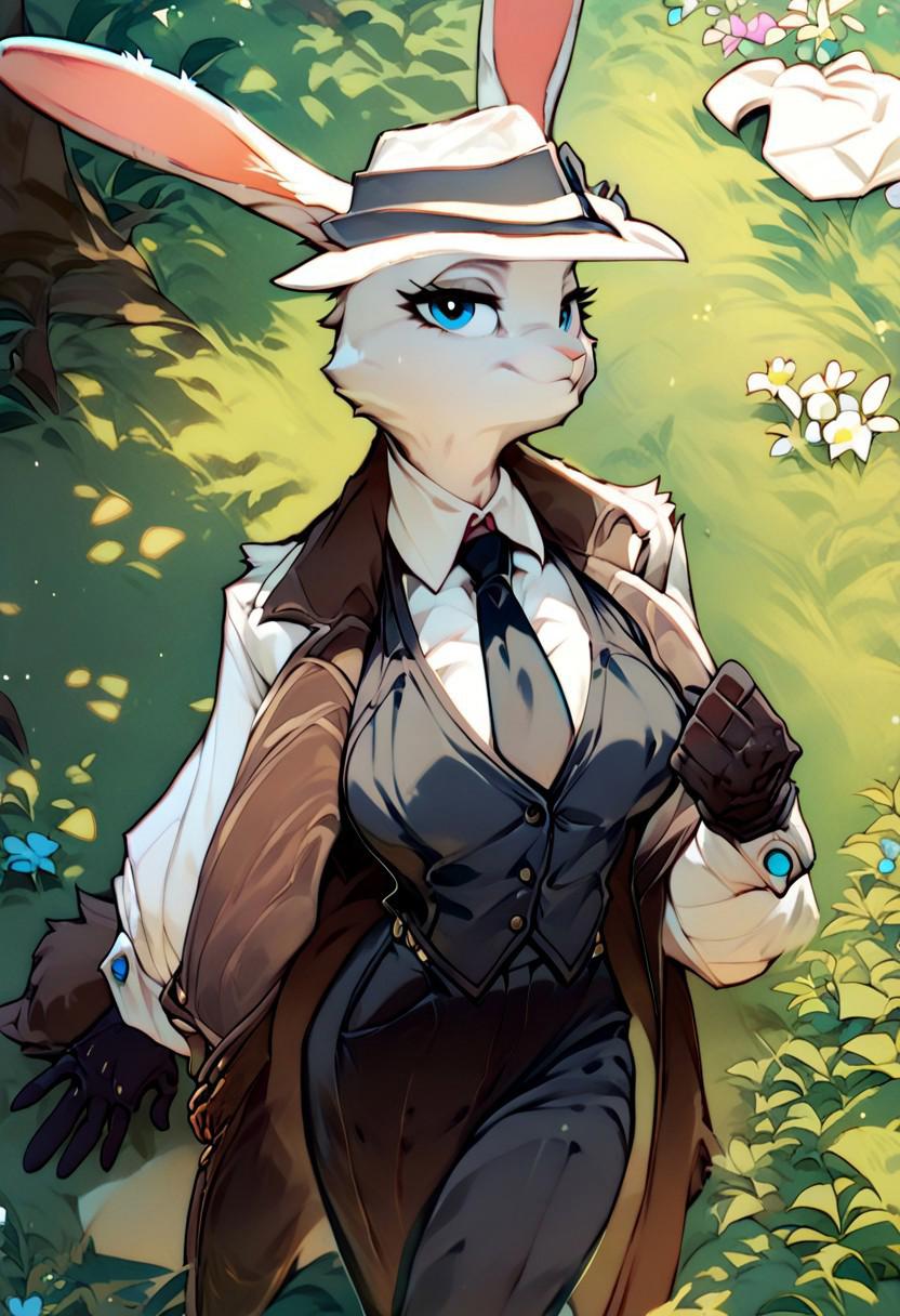 score_9, score_8_up, score_7_up anthropomorphic rabbit, bunny, white fur, blue eyes, slim build, large breasts, mafi4, necktie, gloves, suit, fedora, white shirt, black vest, black pants, coat