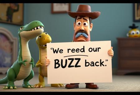 Toy Story characters Rex and Mr Potato head standing next to Crying and sad Woody holding sign with text ((("We need our BUZZ back"))), blurry room background, pixar style