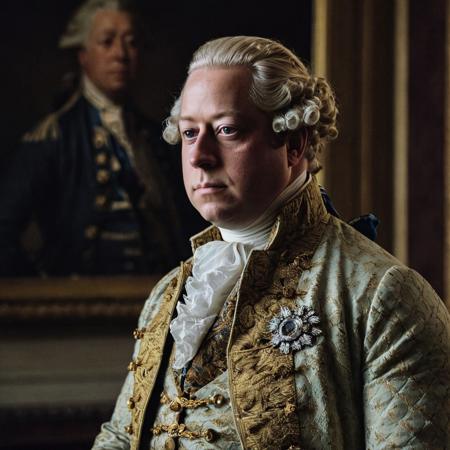 front shot, portrait photo of (( king george III )) , looks away, natural skin, skin moles, cozy interior, 17th century attire, (cinematic, film grain:1.1)