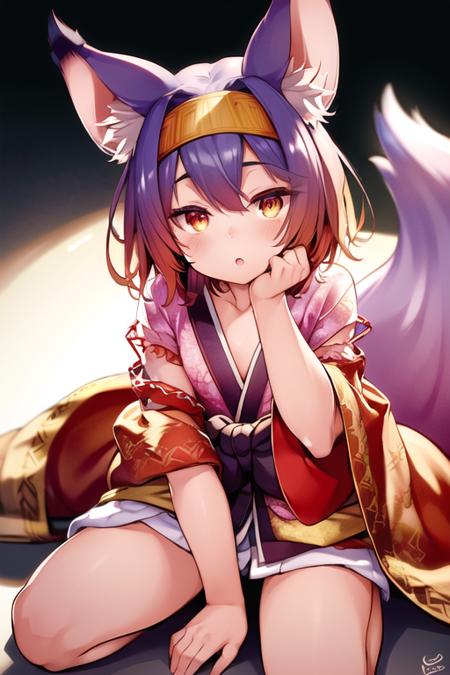 ((masterpiece, best quality:1.2)), (ultra-detailed:1.2), <lora:IzunaLora:1>, kimono, hairband, fox ears, fox tail, sitting, hand between legs, hand on face, open mouth, white background, 5 fingers, volumetric lighting, realistic, realistic lighting, 8k, cinematic lighting, depth of field, perfect, hyper-detailed,