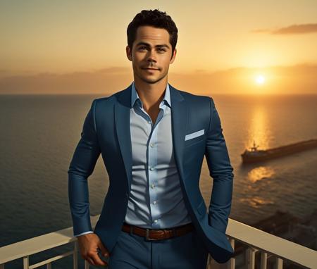 Nautical-themed (Photo:1.3) of (Ultrarealistic:1.3) <lora:Man_Men_FFashion:1> Dylan O'Brien a man <lora:Dylan-O-Brien:0.8> in a blue suit standing on a balcony, handsome man, attractive man, handsome male, sun behind him, inspired by Pablo Munoz Gomez, shot at golden hour, editorial photograph, midshot of a hunky, by Roman Bezpalkiv, by Artur Tarnowski, maxim sukharev, by Gabor Szikszai,Highly Detailed,(Mono Color:1.3) . Sea, ocean, ships, maritime, beach, marine life, highly detailed