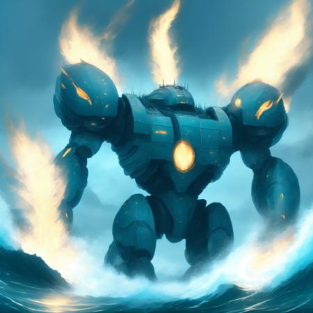 anime Massive Scale Pacific Rim Robot in the Ocean emitting flames, energy (OceanicRim style:1) <lora:djzOceanicRim:0.8)