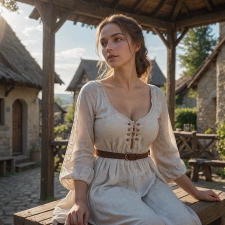 centered, wide shot photo, from below, beautiful woman peasant, perfect breasts, round breasts, medieval tunic, on bench, fantasy village, sunrays