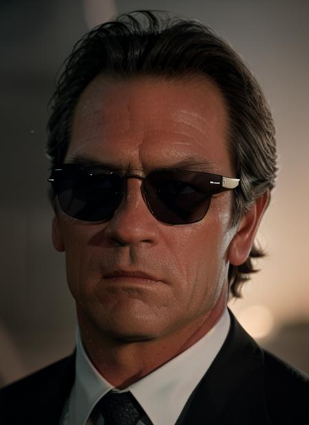 Closeup photograph of  tlj1,  1man, scowling,  wearing black suit and tie, in front of the galaxy, sunglasses, with sinister lighting, RAW photo, 8k uhd, dslr, soft lighting, high quality, film grain, highly detailed face, ultra detailed, masterpiece quality, Fujifilm XT3, Kodak 
 <lora:TommyLeeJones:1>