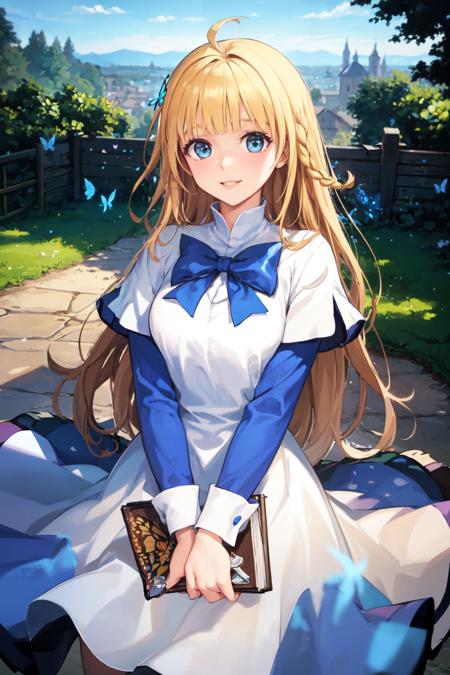 masterpiece, best quality,1girl, blue eyes, (cowboy shot, holding a book, closeup:1.5), parted lips, lips, outdoors, trees, green grassy fields, blue sky, medieval village, <lora:TalesWeaver_TichielJuspian_v1-000168:0.9:lbw=MIDD>, blonde hair, blunt bangs, ahoge, twin braids, (very long hair:1.5), (white dress over blue dress, blue hem:1.1), white cuffs, long sleeves, short over long sleeves, blue bow, (pov, from above, straight-on:1.2), (head down:1.2), sparkles, magic, glow, (butterflies:1.5), smiling,