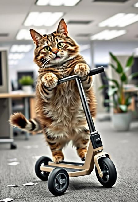 A mischievous chubby cat, tabby-patterned with green eyes, standing on its back legs while riding a small push scooter through a modern office space. The cat's front paws are wrapped around the scooter's handlebars, and its tail is curved for balance. The background features open office cubicles, a few desk plants, and some scattered papers on the floor, adding to the chaotic yet humorous atmosphere.