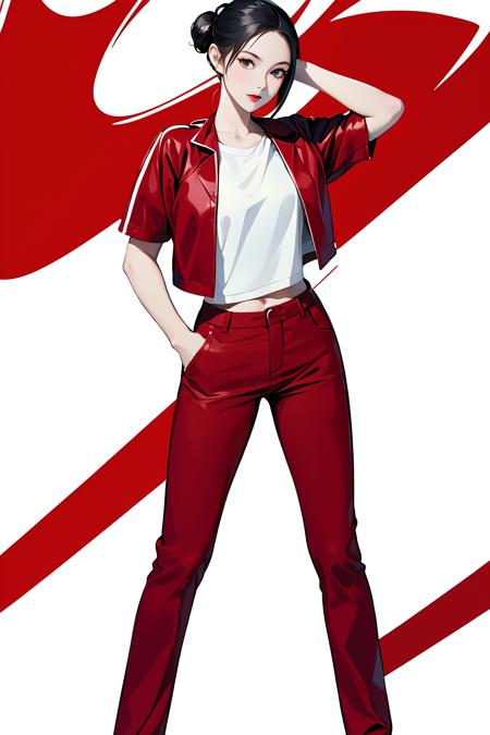 masterpiece, best quality, ((pure white background)), standing, black hair bun,cold face, full body,red jacket,blue T-shirt,red pants, (Fashionable clothing), happy, light effect, soft, super clear, high-definition picture, (front)