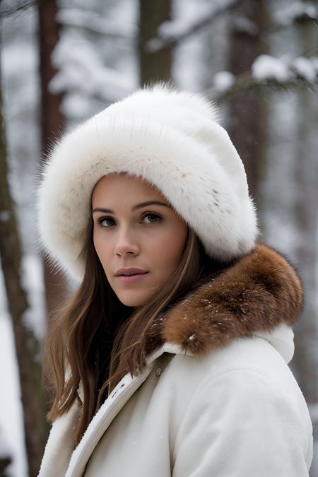 ellemacpherson,updo hair style, a close up  art style photo, (30 year old woman) , (white fur coat), winter, (snow covered trees, rocky mountains), (fog),  (log cabin), evening,  24mm, 4k textures, soft cinematic light, adobe lightroom, photolab, hdr, intricate, elegant, highly detailed, sharp focus, ((((cinematic look)))), soothing tones, insane details, intricate details, hyperdetailed, low contrast, soft cinematic light, exposure blend, hdr,