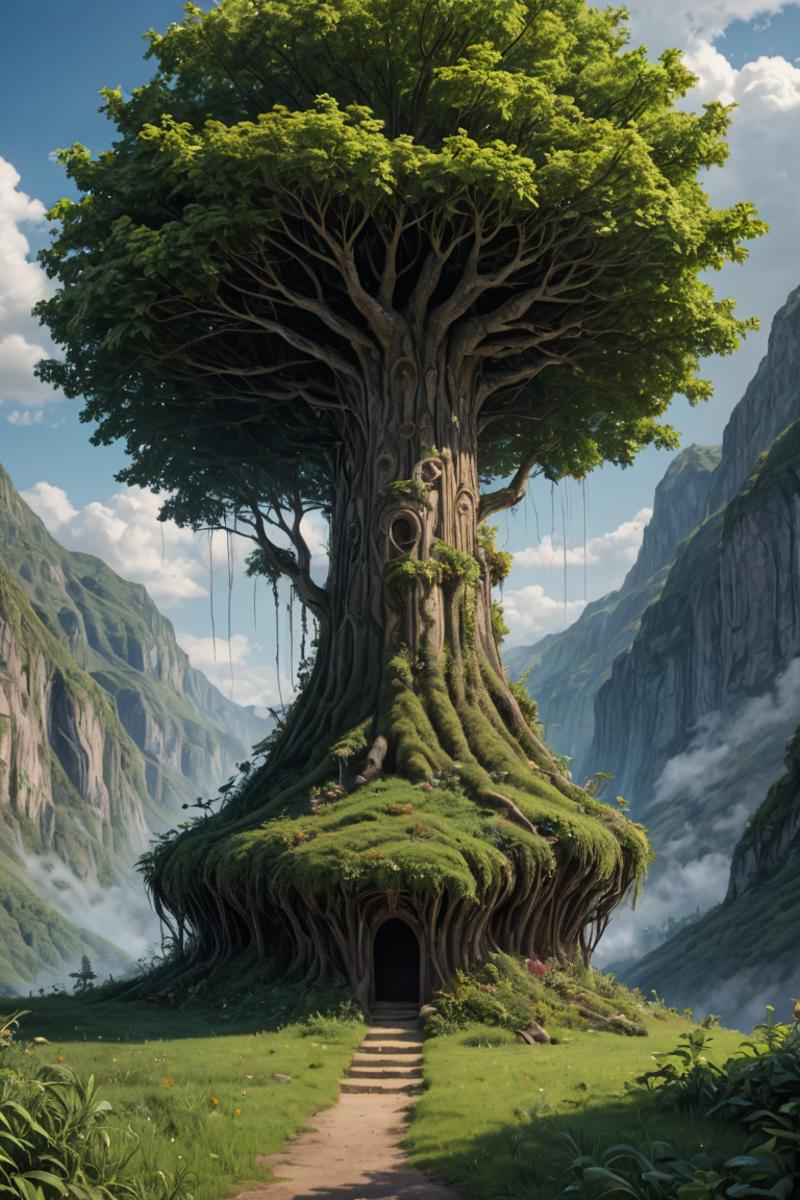 A large tree with a cave entrance and a mountainous background.