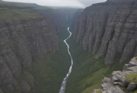 stone gorge, top down view 45 degrees, gray stones, steep walls, high, passage between in the center of the picture, cloudy weather, gray clouds, canyon in the center