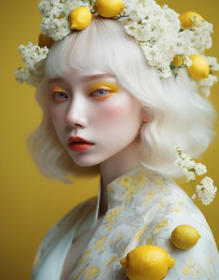 a commercial photo portrait of instagram model, the Ethereal Portraits, fashionable 2020's Japanese girl, detailed skin texture, 16yo girl, hyper real photo, , Albinism and Heterochromia by Bella Kotak, girly portrait in studio shoots, Albina Albina, Feminine portrait, bust-up shot, intricate fantasy dress,
taken by professional studio lighting, 150mm lens, PhaseOne, digital backs, medium format,
, 150mm portrait, photography, photo taken with a Hasselblad H4D, taken with PhaseOne IQ180, IQ160, IQ140, P65+, P45+, "digital back", extremely detailed, Leaf Aptus, perfect skin, detailed skin, hyper reality, perfect face,
(lemon yellow:1.6) hair, (lemon yellow:1.6) background, dress head completely covered with (lemon yellow:1.6) flowers, (lemon yellow:1.6) color filter,