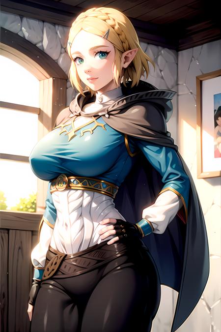 princess_zelda_aiwaifu,aiwaifu,pointy ears,braid,hair ornament,hairclip,gloves,fingerless gloves,blue shirt,shirt,long sleeves,crown braid,bangs,pants,black gloves,green eyes,parted bangs,black pants,short hair,long hair,cape,sidelocks,hood,thick eyebrows,jewelry,hooded cape,belt,tight pants,tight,large breasts,puffy sleeves,masterpiece,best quality,ultra detailed, 8k, cinematic light,highly detailed, scenery,pose,solo,looking at viewer,
