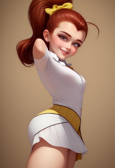 (masterpiece:1.4), (best quality:1.4), (high resolution:1.4), cartoon style, LuanLoud <lora:LuanLoud:1>, smile, brown hair, pale skin, cowboy shot, white shirt, yellow mini skirt, looking at viewer, detailed face, detailed eyes, small breasts, curvy, ribbon, ponytail, buckteet, artstation female body, from the front, dynamic pose, solo, 1girl, <lora:add_detail:0.7>