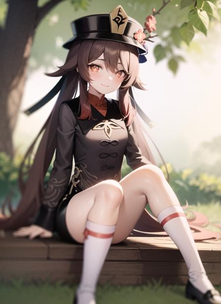 <lora:hutao1-000009:1>, hutaodef, full body, sitting, smile, blush, outdoors, day, simple background,