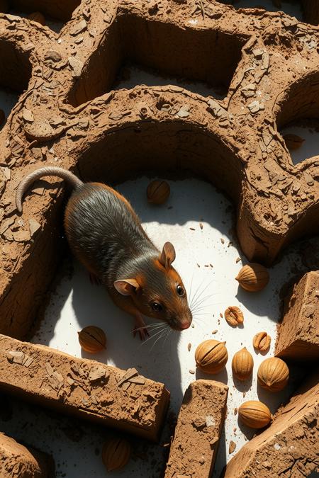 Aerial view of two vibrant rats racing through a maze, searching for walnuts. Intricate, well-constructed labyrinth with mud walls against a stark white floor. sharp contrasts, and vivid colors. Dramatic lighting casts long shadows, emphasizing the maze's complexity. Rats' fur detailed in striking shades of rust and charcoal. Macro photography technique, capturing whiskers and gleaming eyes. Scattered walnuts. 4K resolution, hyperrealistic style, Cyberpunk