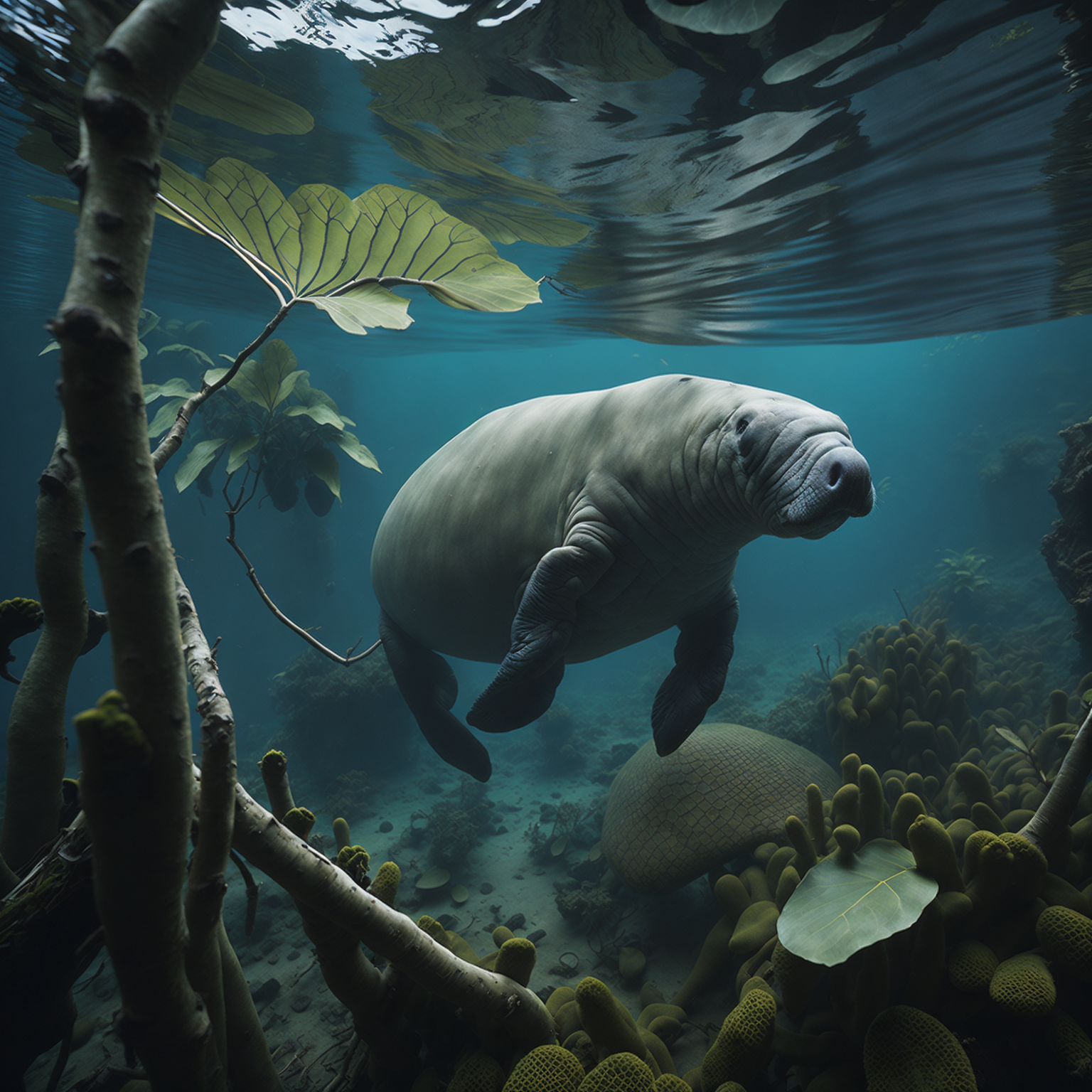 Manatee in Himalayan subtropical broadleaf forest Open atmosphere Rembrandt lighting