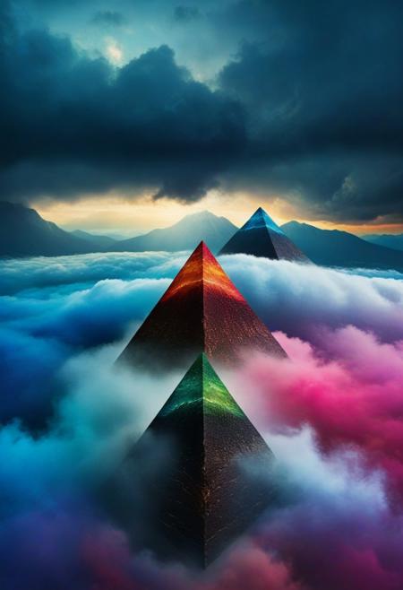 mountain, surreal, dark and moody, three progressively large colorful pyramids in front of each other, small pyramid, middle pyramid, large pyramid in the clouds, bright colored all seeing eye, high quality, dramatic ,poster, horror story style