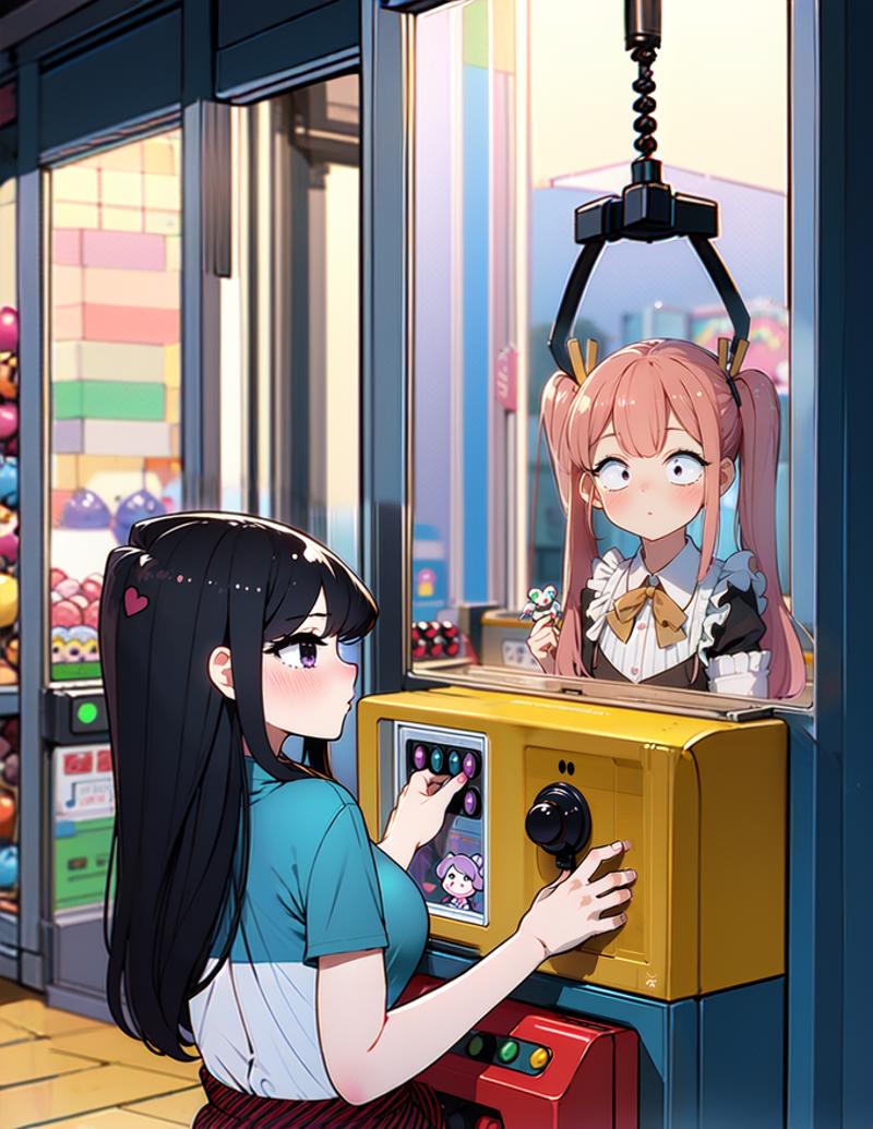 A woman interacting with a claw crane machine, trying to win a prize.