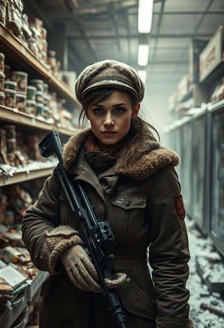 Post-Apocalyptic scene, looted grocery store, smashed shelves, food packaging littered, broken refrigerators, desperate graffiti Russian Female Sniper, Post-Apocalyptic Moscow, Female sniper, Russian Army Uniform, Tattered Snow-patterned Parka, Ushanka, red star insignia, Ponytail Haircut, ruined Moscow, snow-covered ruins, cold colors Focusing on Cinematic Storytelling Cinematic storytelling, Robert Capa photography, Masterful, Iconic, Detailed, Authentic, Close-up proximity, Emotional depth, Post-apocalyptic setting, Muted color palette, Warm beige tones, Soft light, High contrast, Authentic, Lifelike scenario, Detailed, Emotional, Historical accuracy, Immersive, Lifelike, Emotional, Authentic, Emotional close-ups, Cinematic lighting __4PAW__ . Fantasy, retro visual style, with a focus on vintage illustrations, muted colors, and a blend of fantasy and nostalgic elements, featuring a masterful use of composition, and a subtle use of texture and pattern to create a sense of nostalgia and retro charm, inspired by the works of Norman Rockwell and the retro paintings of Andrew Wyeth. The illustrations are imbued with a sense of nostalgia, evoking memories of a bygone era, with warm colors and gentle textures that invite the viewer to step into a different time and place