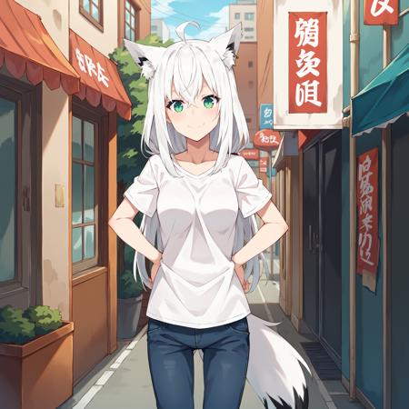 Shirakami_Fubuki, white hair, long hair, ahoge, animal ears, green eyes, breasts, fox tail blue neckerchief, white hoodie, detached sleeves, white sleeves, navel, short shorts, black shorts, thigh strap, single thighhigh, black thighhighs