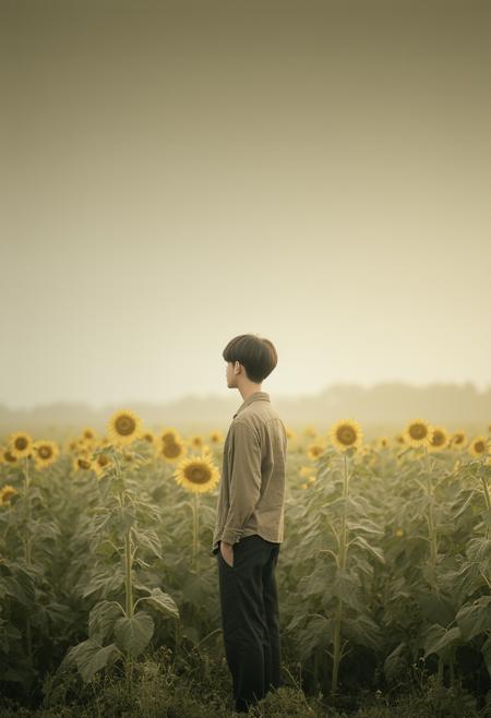 A solitary boy stands amidst a field of towering, withered sunflowers, their heavy heads drooping towards the ground. The scene conveys a sense of melancholy and quiet contemplation. The boy's posture is slightly hunched, suggesting a weight on his shoulders. The background is a hazy, golden-hour landscape, bathed in soft, diffused light. Photorealistic, cinematic lighting, 8k resolution, octane render, volumetric light, inspired by the paintings of Edward Hopper and Ansel Adams, solitude, introspection, beauty, dramatic composition, sense of longing.