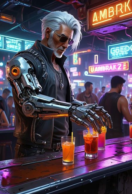 Silver-haired man with mechanical hand is pouring drinks at the bar, surrounded by lively crowds and cyberpunk-style scenes, with high-definition illustrations and detailed character design. Full-body close-up shots, neon lights, digital art techniques, rich colors, and a sense of mystery permeate the scene. Th, neon ambiance, abstract black oil, gear mecha, detailed acrylic, grunge, intricate complexity, rendered in unreal engine, photorealistic