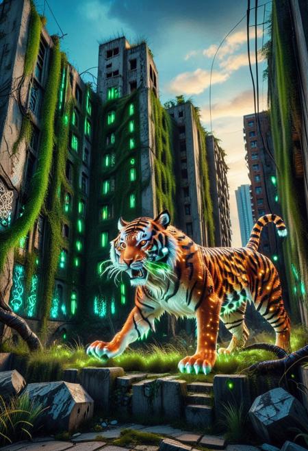 score_9, score_8_up, score_7_up, masterpiece, best quality, 8k, (ultra-detailed, a full body shot of tiger, claws, a tail), roaring, in background a small postapocalyptic city overrun by nature in green LED lights), sparse variations of tall LED grass and moss breaking through cracks of concrete, a couple small trees sprouting where the LED sunlight shines, green LED vines slowly climbing walls, LED nature reclaiming manmade structures, the sky LED blue as the LED sun sets, amazing lighting, brilliant composition, film grain, color graded cinematic, atmospheric lighting, (close up shot of tiger with buildings in background, focus on tiger, deep depth of field)