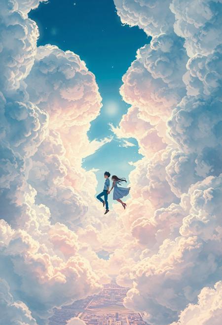 Vast anime-style sky with a massive textured cloud cover stretching across the entire scene, intricate structural cloud formations with detailed bumps and organic folds, scattered open gaps revealing patches of bright blue sky, cinematic view over a peaceful cityscape below, soft sunlight streaming through cloud breaks, pastel color palette (baby blue, soft white, light pink), highly detailed Ghibli-inspired artwork, hyper-realistic watercolor texture, dreamy and emotional atmosphere, 4K ultra-high resolution, only two anime silhouettes of a young man and a young woman gently falling side by side through the sky—their bodies angled gracefully as they descend through soft, fluffy clouds, the sole figures in the scene, in a serene, emotional moment inspired by Your Name, with rich color gradients and no other characters or objects present