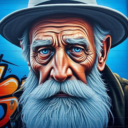 mural, hyper-realistic portrait, old man, white beard, piercing blue eyes, serene atmosphere, soft blue gradients, intricate wrinkles, subtle lighting effects, wide-brimmed hat, contemplative expression, detailed textures, ultra-realism, modern street art, soulful depth..
graffiti, mural, hyper-realistic, vibrant colors, bold letterforms, 3D design, urban art, intricate details, vivid gradients, sharp highlights, contrasting shadows, abstract influences, electric palette, sculptural effect