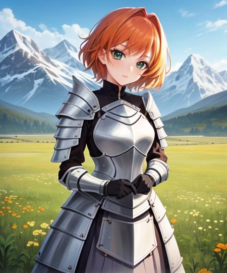 portrait, (adult woman), (1girl, solo), (looking at viewer), ((knight, armor, skirt)), freckles, (orange hair, medium hair), (green eyes), ((field, mountains)), (best quality, high detail), ((masterpiece)),  <lora:1_izumitsubasa_4e:1>