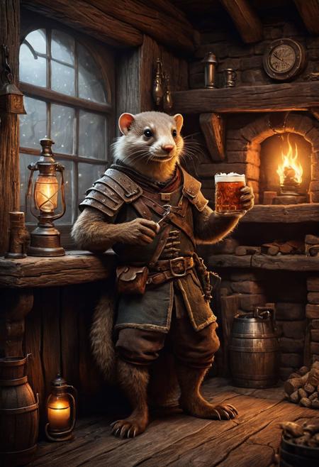 fantasy anthropomorphic a weasel warrior in dark tavern holding a pint of ale in a cozy environment with gas lamps rustic wood warm brick fireplace and frosted glass windows