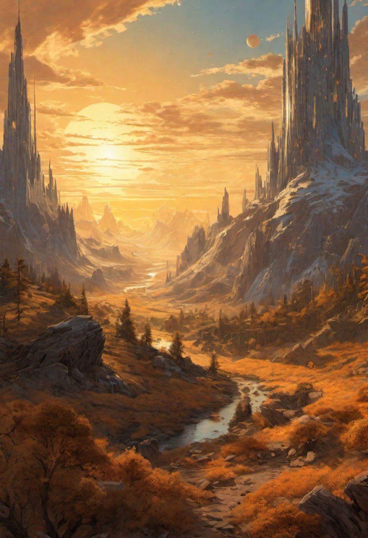 A Painting of a Mountainous Landscape at Sunset