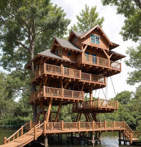 A whimsical treehouse village, interconnected with swing bridges.