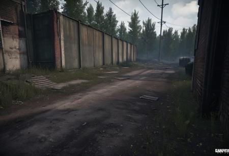 Escape from Tarkov style ingame graphic screenshot, Tarkov gameplay visuals, The Cursed Shadowland, grimdark fantasy RPG area, haunted nightmare biome, detailed landscape, Tarkov lighting, Tarkov daylight, high-fantasy magical environment, rock outcropping Tarkov, rock cliffside Tarkov, large boulder Tarkov, FPS gameplay map, airsoft field, active military zone, combat training field, ground view, first-person ground view screenshot Tarkov, view from on top hill, perspective from on hill, slightly foggy, chain-link fence base, military outpost, lookout tower, cement military building, cement bunker building, puddles of reflective water in gravel road, Tarkov accurate building design, Tarkov buildings, sheetsteel wall, defensive military barrier, gate in wall, Tarkov bushes, Tarkov scenery, falling apart concrete buildings, blown up concrete and rebar building, view from groundlevel, straight powerlines, building with steel door, stacked crates of combat equipment, table with meds and provisions on it, Tarkov bushes, Tarkov plants, Tarkov design,