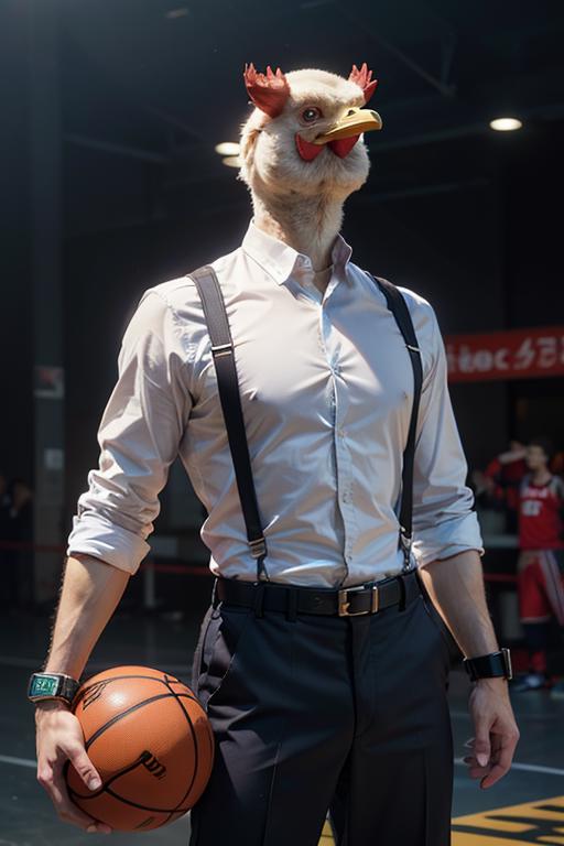 Man wearing a tie and suspenders with a basketball and a chicken head.