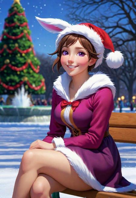 (Style-Renaissance:1.4), Style-Renaissance background, jxdhxps character, 1girl, furry female, full body portrait painting of Judy Hopps wearing a santa hat and red santa costume with cleavage cutout sitting on a park bench by william-adolphe bouguereau, misawa hiroshi, vergilhoo, da mao banlangen, hirooka masaki, mishima tetsuya, imai takahiro, gray fur, purple eyes, pink nose, buck teeth, slender body, wide hips, looking at viewer, grin, open mouth, teeth, outdoors, city park, fountain, frozen water, snow, christmas decoration, christmas tree, glowing lights, light particles, oil on canvas, cinematic composition, extreme detail, beautiful face, cute face, detailed face, detailed fur, detailed background, (dramatic lighting, backlighting:1.1), vibrant colors