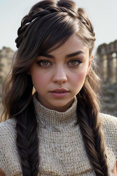 beautiful woman (S4r4hHyl4nd:.99), ((  Seductive side braid :1.2)), alternative jewellery, ((portrait)), (closeup:1.2), ((from the waist up)), ((( Ancient ruins of a civilization that predates known history :1.2 ))), natural skin texture,  (( cowl neck dress :1.2)), 24mm, 4k textures, soft cinematic light, adobe lightroom, photolab, hdr, intricate, elegant, highly detailed, sharp focus, ((((cinematic look)))), soothing tones, insane details, intricate details, hyperdetailed, low contrast, soft cinematic light, exposure blend, hdr, faded, now, ("I've got a bad feeling about this.":1.1)